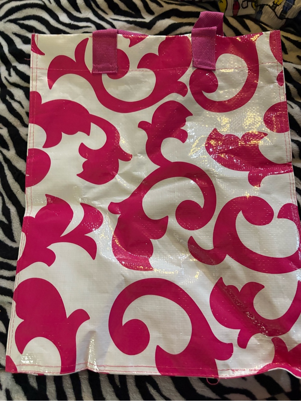Pink and White Scroll-Print Tote Bag